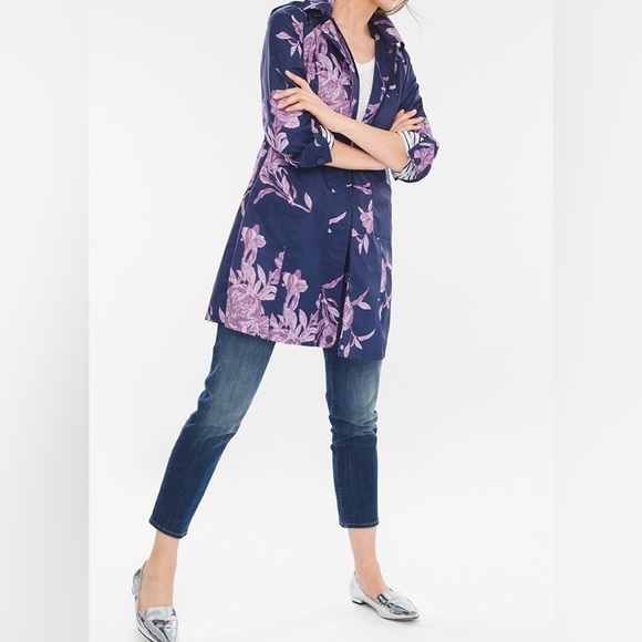 CHICO'S navy blue and purple flowers raincoat - Picture 3 of 8